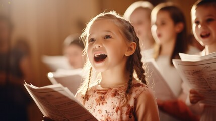 A group of children, various ages, singing vibrantly in their music class, sheet music in hand