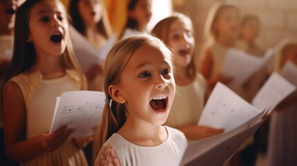 A group of children, various ages, singing vibrantly in their music class, sheet music in hand