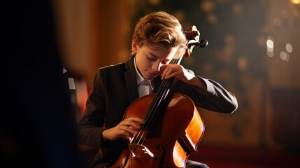 A solemn young boy seated, embracing a cello, eyes closed as he plays a somber tune, feeling every...