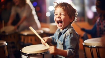 Fototapeta na wymiar A spirited child in a percussion class, laughing with joy as he strikes the drum with mallets.