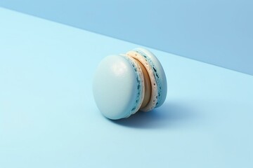 3D render of blue macaron on light blue surface. Generative AI