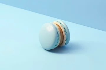 Poster 3D render of blue macaron on light blue surface. Generative AI © Kato