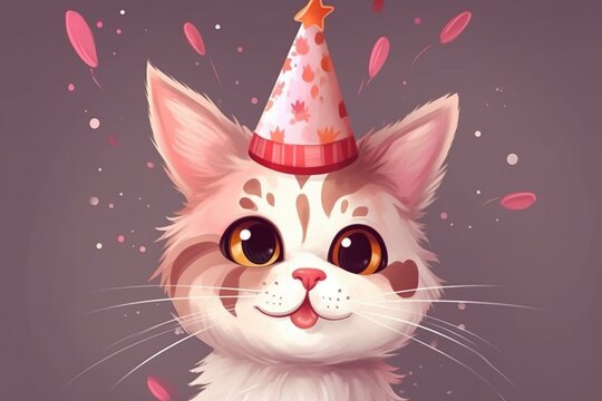 adorable cartoon cat wearing a festive hat. Generative AI