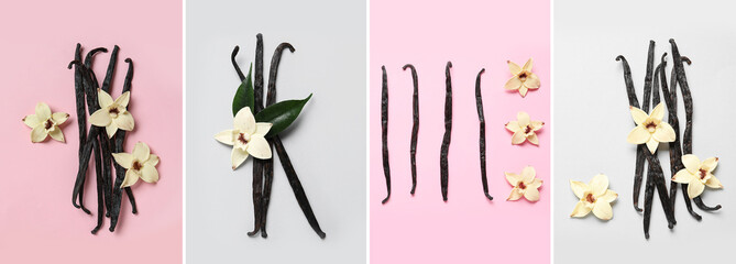 Set of aromatic vanilla sticks and flowers on color background