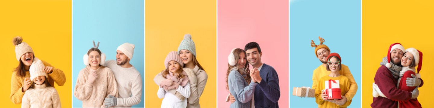 Group Of People In Winter Clothes On Color Background. Christmas Celebration