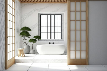 Japanese wood-and-marble bathroom project draft. tiled tub. basic farmhouse decor. Generative AI