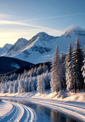 Vertical winter landscape featuring a close-up view of snow-covered mountains with pine trees...