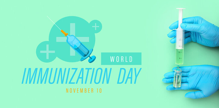 Banner for World Immunization Day with doctor's hands, syringe and vaccine