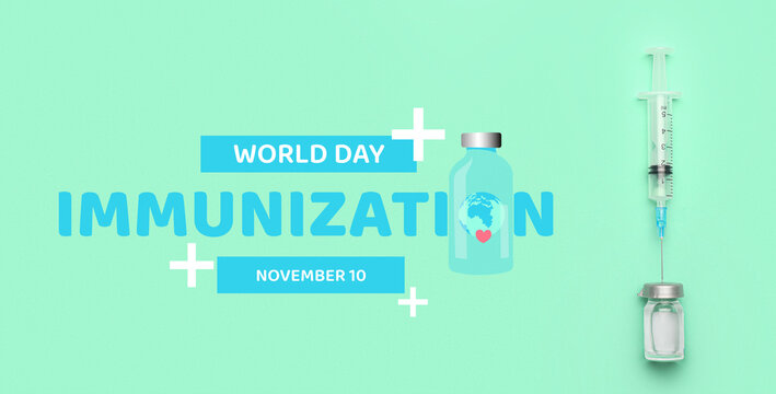 Banner for World Immunization Day with syringe and vaccine