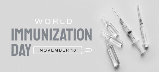 Banner for World Immunization Day with syringes and vaccines