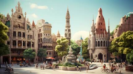 A scene of Barcelona's city square  - obrazy, fototapety, plakaty