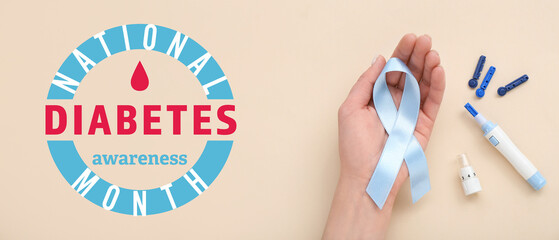 Banner for National Diabetes Awareness Month with female hand, ribbon and lancet pen