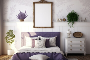 White-and-violet farmhouse bedroom with frame mockup. Wallpaper, parquet, and wood. Boho interiors, illustration. Generative AI