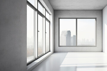 Loft windows, white walls, and concrete floor in empty space. Lovely cityscape. mockup. Generative AI