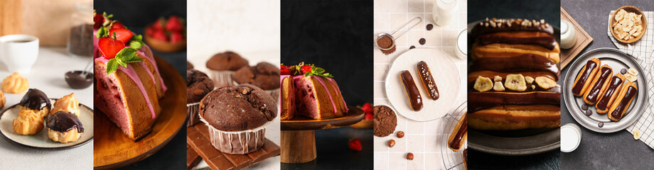 Collage of tasty confectionery on light and dark backgrounds