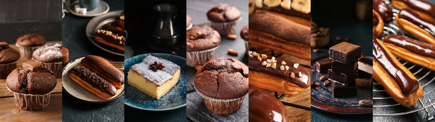 Collage of tasty chocolate confectionery on dark background