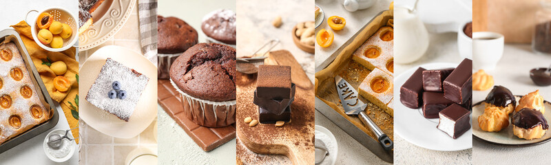 Collage of tasty confectionery on light background