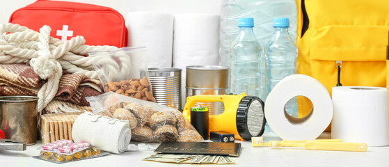Necessities for emergency bag on light background
