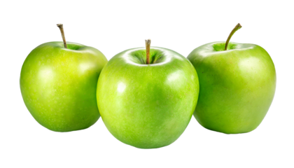 Three Green Apples, Clear Focus on Vibrant Fruits Against a Neutral Background, transparent background, white background, professional photography, detailed apples