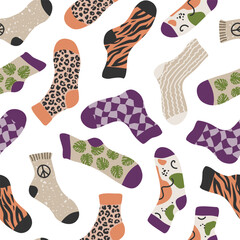 Vector seamless pattern of pair socks with different patterns and textures, isolated on a white background. Different socks modern background.