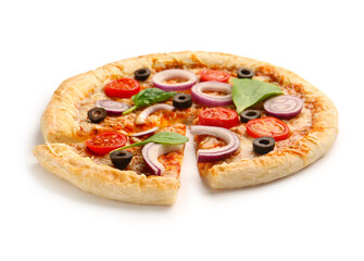 Tasty pizza with basil and tomatoes on white background