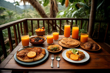 Breakfast at a jungle hotel with a view of the jungle, featuring orange juice, plates of food, and utensils on a terrace