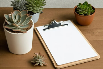 Books, a succulent in a pot, and an empty wooden clipboard are all displayed on the wooden table. Detail of a comfortable minimalistic home. Generative AI