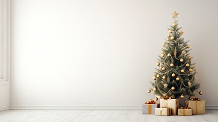 Christmas tree in living room on empty light white wall with copy space, generative ai - obrazy, fototapety, plakaty