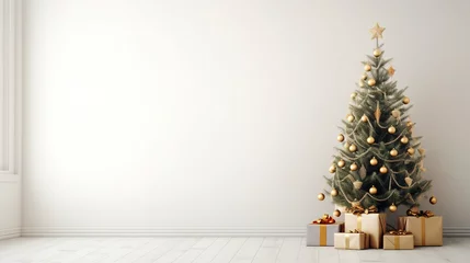 Fotobehang Christmas tree in living room on empty light white wall with copy space, generative ai © Nia™
