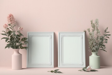 Mock up of two empty photo frames on a light pink wall. Generative AI