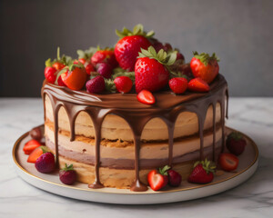 Chocolate cake with chocolate covering inspired by French pastry, decorated with fruits on a golden plate in a kitchen	