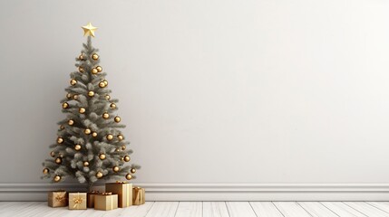 Christmas tree in living room on empty light white wall with copy space, generative ai
