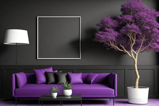 Interior of a purple sofa in a black living room or office waiting area with a potted tree and a horizontal poster. a mockup. Generative AI