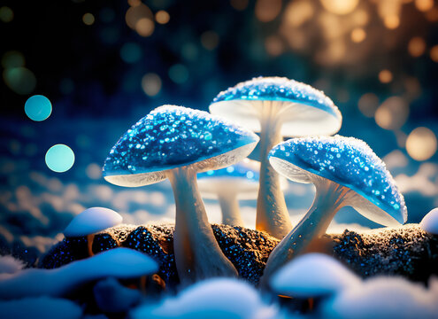 fantasy transluscent blue mushroom close-up in the winter forest AI generated illustration