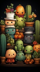 Wallpaper of Cute Cacti Characters Wearing Hats and Glasses, Generative AI
