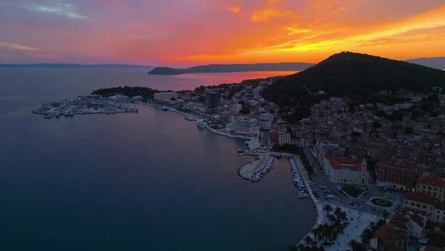 Aerial drone shot of Split, Croatia during sunset.