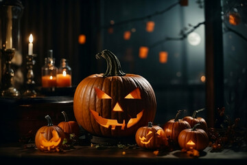 A group of carved pumpkins sitting on top of a table.