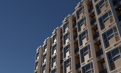 View of modern hotel building design render 3d architecture wallpaper background