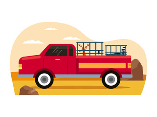 The hunter gets the game transported by car. Hunter vector illustration.