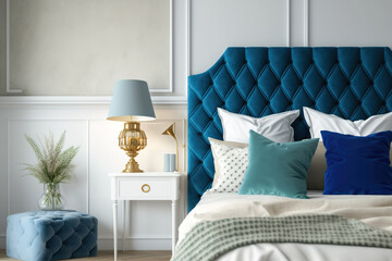 a bed with a blue velvet upholstered chair, a blue upholstered headboard with blue and white cushions, and a lamp on the bedside table. Generative AI