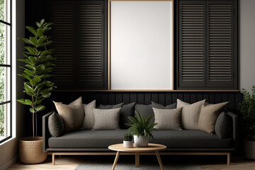 Mockup of a frame, a contemporary, dark-wood living room, a lounge, and a waiting area with a rattan sofa and potted plants. a window with shutters, and herringbone parquet. Illustration of