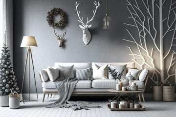 Scandinavian living room Christmas décor. Christmas wall tree with white sofa. Generative AI