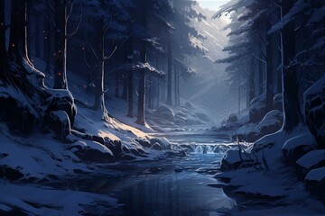 A serene winter scene with icy fragments in a dark blue palette. Generative AI