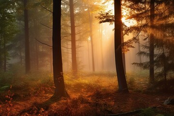 Peaceful morning scene of foggy forest at sunrise with warm magical ambiance. Generative AI