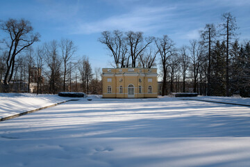 View of the pavilion Upper Bath in the Catherine Park of Tsarskoye Selo on a sunny winter day,...