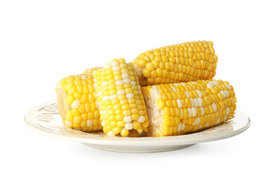 Plate with boiled corn cobs on white background
