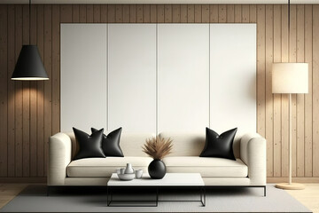 Empty canvas on wood panel partition wall with beige sofa, trendy lighting, coffee table, and kitchen interior. Mockup. Modern home design. Generative AI