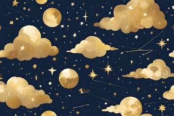 Seamless pattern of the night sky with gold foil constellations stars and clouds. Generative AI