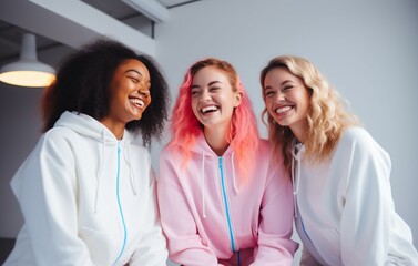 Adorned in pajamas, three pals share laughter and conversation at a pajama party, crafting beautiful memories that will forever hold a special place in their hearts - obrazy, fototapety, plakaty
