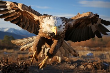 A wild eagle flies with wings spread